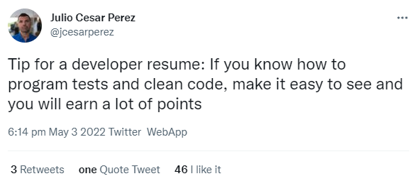 Include info on testing and clean code in your CV